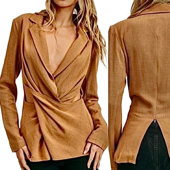 Lush Camel Cutout Blazer Twist Front Quiet Luxury Tailored S - Picture 2 of 10